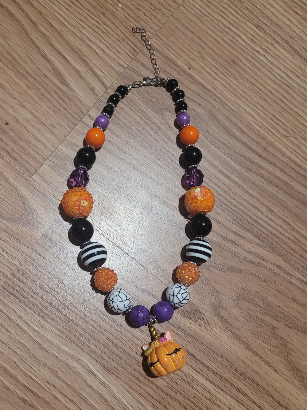 Halloween Unicorn Pumpkin Pendant Beaded Necklace - Orange, Purple, Black